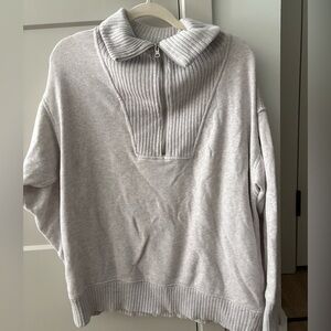Aerie Light Gray Ribbed Zip Collar Sweatshirt